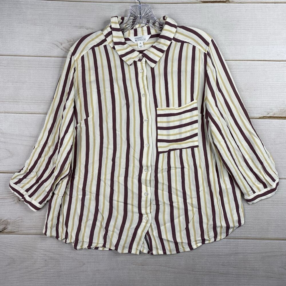 Market & Spruce Top Womens XL Cream Burgundy Stripe Button Up Rayon Pocket